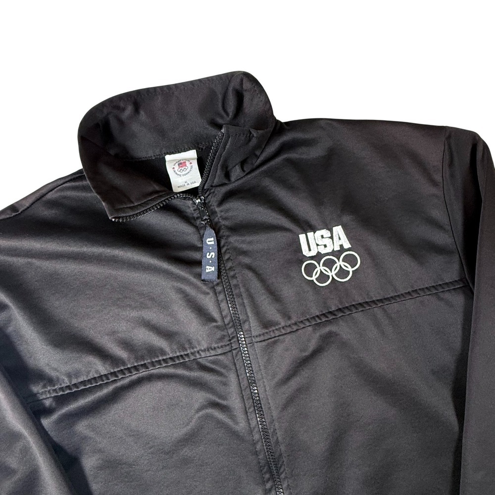Vintage USA Olympic Committee Track Jacket Mens XL Black Full Zip Made in USA
